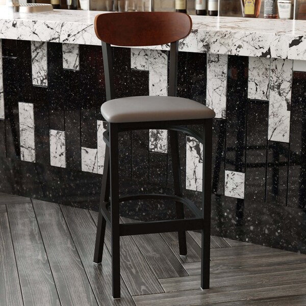 Flash Furniture Gray Vinyl Barstool with Walnut Wood Back, PK 2 2-XU-DG6V6GYV-WAL-GG - main